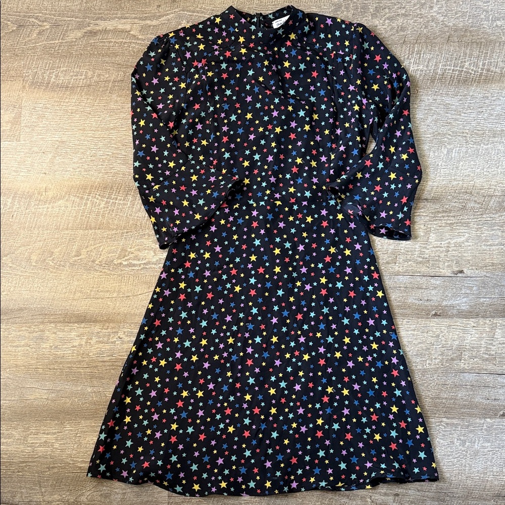HVN Black & Multi-Color Star Printed Silk Long Midi Bell Sleeve Dress Size 2